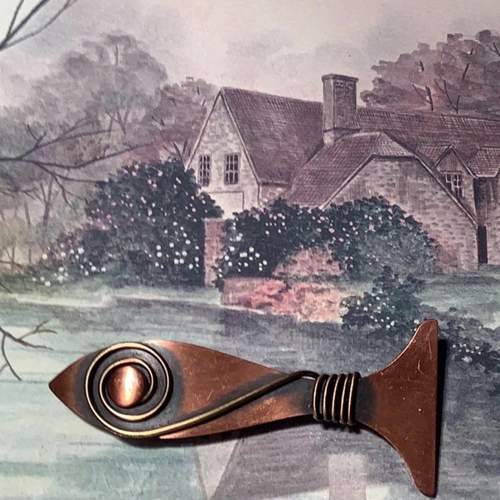 Scandinavian Design Copper Fish Brooch. Oxidized Copper with Brass Wire Wrap.